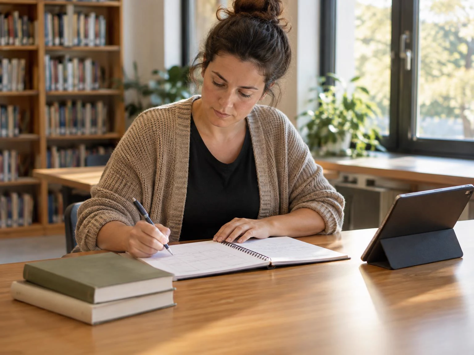 Teacher reviewing a lesson plan at a classroom desk